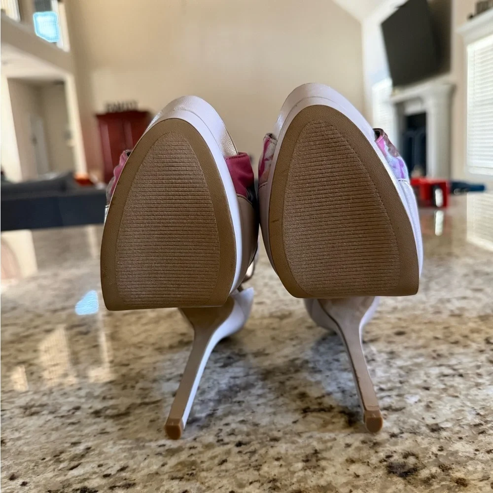 Nine West Strappy Floral Platform Stiletto Heels Satin Beige Pink Purple